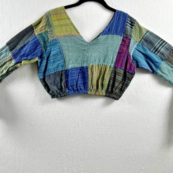 Kathmando Imports Boho Patchwork Crop Top Bell Sleeves Hippie Festival One Size - Picture 1 of 8